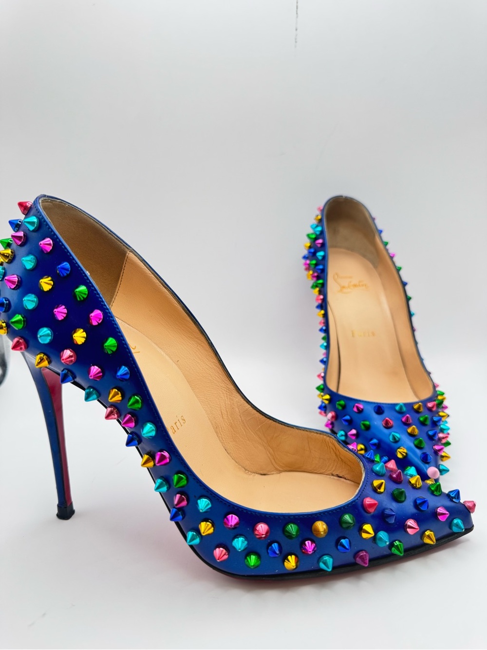 Christian Louboutin Pigalle Spikes 100 Blue Multicolor Studded Pumps 38.5